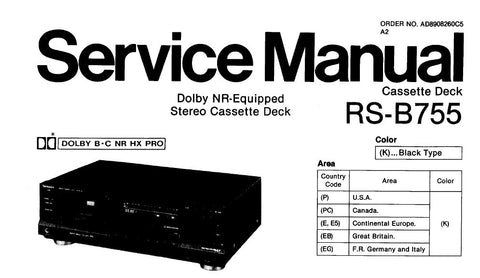 TECHNICS RS-B755 STEREO CASSETTE TAPE DECK SERVICE MANUAL INC BLK DIAG SCHEM DIAG WIRING CONN DIAG PCBS AND PARTS LIST 36 PAGES ENG