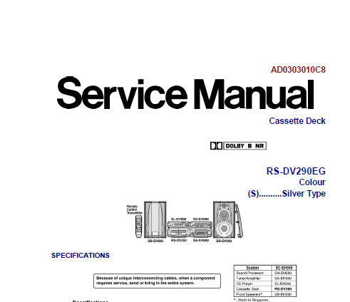 TECHNICS RS-DV290EG STEREO CASSETTE TAPE DECK SA-DV290EE SA-DV290GN  STEREO TUNER AMP SH-DV290EG SOUND PROCESSOR SL-DV290EE SL-DV290GN DVD VIDEO CD CHANGER SERVICE MANUAL INC BLK DIAGS SCHEM DIAGS PCBS AND PARTS LIST 268 PAGES ENG