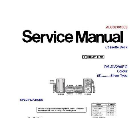 TECHNICS RS-DV290EG STEREO CASSETTE TAPE DECK SA-DV290EE SA-DV290GN  STEREO TUNER AMP SH-DV290EG SOUND PROCESSOR SL-DV290EE SL-DV290GN DVD VIDEO CD CHANGER SERVICE MANUAL INC BLK DIAGS SCHEM DIAGS PCBS AND PARTS LIST 268 PAGES ENG
