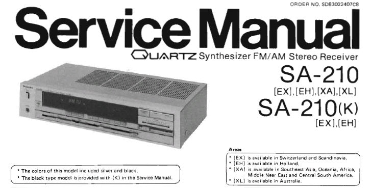 TECHNICS SA-210 SA-210 (K) QUARTZ SYNTHESIZER FM AM STEREO RECEIVER SERVICE MANUAL INC BLK DIAG SCHEM DIAG PCB'S AND PARTS LIST 18 PAGES ENG