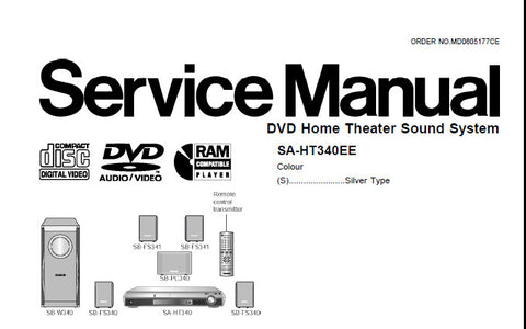 TECHNICS SA-HT340EE  DVD HOME THEATER SOUND SYSTEM SERVICE MANUAL INC WIRING CONN DIAG BLK DIAG SCHEM DIAG PCB'S TRSHOOT GUIDE OVERALL BLK DIAGS AND PARTS LIST 95 PAGES ENG