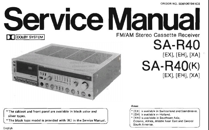 TECHNICS SA-R40 SA-R40 (K) FM AM STEREO CASSETTE RECEIVER SERVICE MANUAL INC SCHEM DIAGS PCB'S BLK DIAGS AND PARTS LIST 32 PAGES ENG