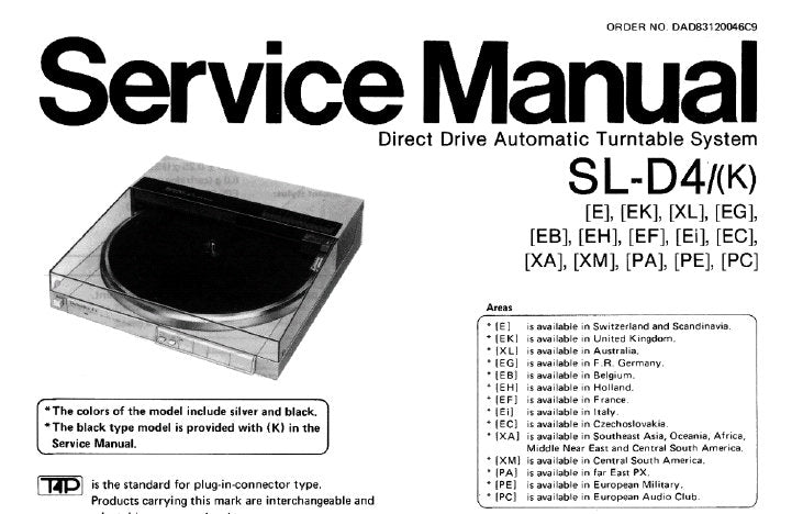 TECHNICS SL-D4 SL-D4(K) DIRECT DRIVE AUTOMATIC TURNTABLE SYSTEM SERVICE MANUAL INC TRSHOOT GUIDE SCHEM DIAG PCB'S WIRING CONN DIAG BLK DIAG AND PARTS LIST 23 PAGES ENG DEUT FRANC ESP