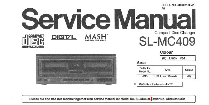 TECHNICS SL-MC409 SL-MC400 CD CHANGER SERVICE MANUALS INC CONN DIAGS BLK DIAG SCHEM DIAG WIRING CONN DIAG PCB'S AND PARTS LIST 83 PAGES ENG