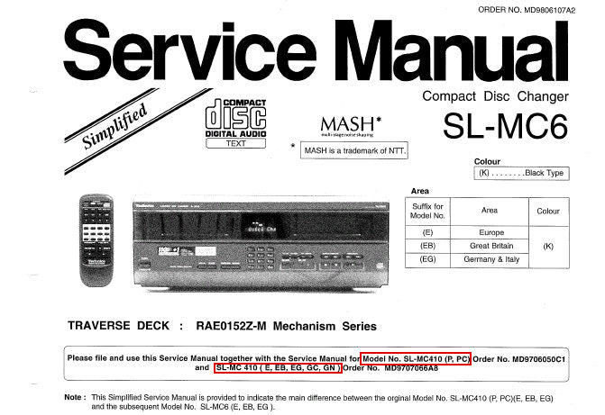 TECHNICS SL-MC6 CD CHANGER SERVICE MANUAL INC SCHEM DIAG PCB'S AND PARTS LIST 23 PAGES ENG