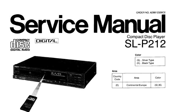 TECHNICS SL-P212 CD PLAYER SERVICE MANUAL INC CONN DIAG BLK DIAG SCHEM DIAG PCB'S WIRING CONN DIAG TRSHOOT GUIDE AND PARTS LIST 50 PAGES ENG DEUT FRANC ESP