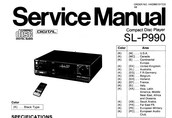 TECHNICS SL-P990 CD PLAYER SERVICE MANUAL INC CONN DIAG SCHEM DIAG PCB'S WIRING CONN DIAG BLK DIAG AND PARTS LIST 46 PAGES ENG DEUT FRANC ESP