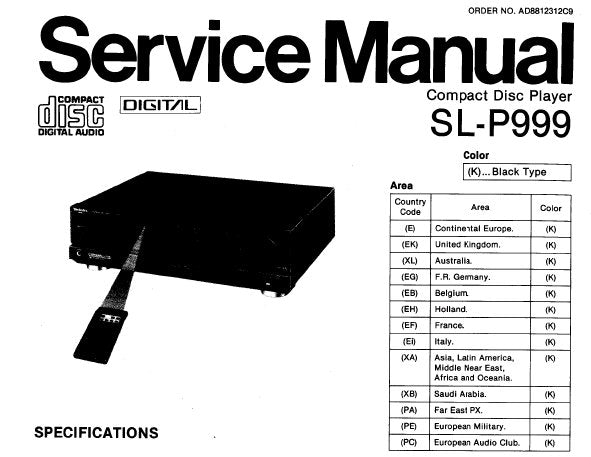 TECHNICS SL-P999 CD PLAYER SERVICE MANUAL INC CONN DIAG BLK DIAG SCHEM DIAG WIRING CONN DIAG PCB'S TRSHOOT GUIDE AND PARTS LIST 38 PAGES ENG DEUT FRANC ESP