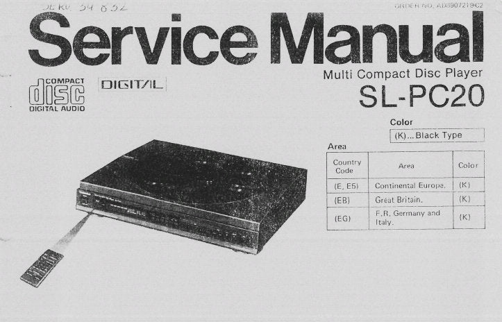TECHNICS SL-PC20 MULTI CD PLAYER SERVICE MANUAL INC CONN DIAG BLK DIAG SCHEM DIAG WIRING CONN DIAG PCB'S TRSHOOT GUIDE AND PARTS LIST 33 PAGES ENG