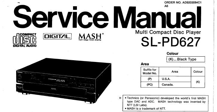 TECHNICS SL-PD627 MULTI CD PLAYER SERVICE MANUAL INC CONN DIAG TRSHOOT GUIDE BLK DIAG SCHEM DIAG PCB'S WIRING CONN DIAG AND PARTS LIST 46 PAGES ENG