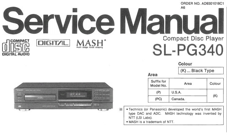 TECHNICS SL-PG340 CD PLAYER SERVICE MANUAL INC CONN DIAG TRSHOOT GUIDE BLK DIAG SCHEM DIAG PCB'S WIRING CONN DIAG AND PARTS LIST 36 PAGES ENG