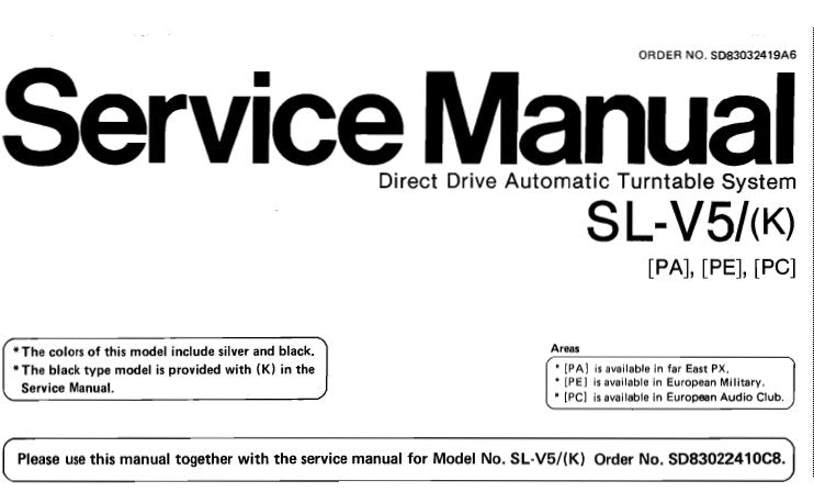 TECHNICS SL-V5 SL-V5 (K) DIRECT DRIVE AUTOMATIC TURNTABLE SYSTEM SERVICE MANUAL INC TRSHOOT GUIDE BLOCK DIAGS CIRC DIAG AND WIRING CONN DIAGS SCHEM DIAGS AND PARTS LIST 47 PAGES ENG