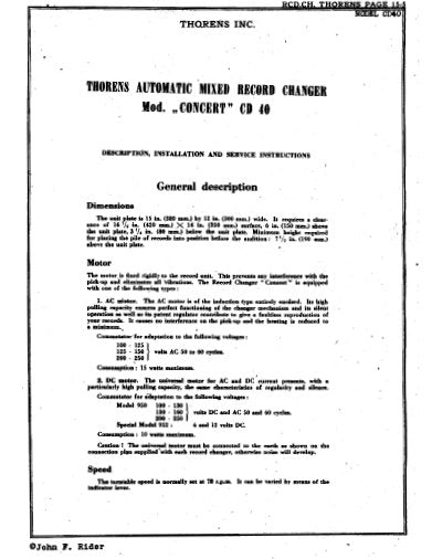 THORENS MODEL CONCERT CD40 AUTOMATIC MIXED RECORD CHANGER DECRIPTION INSTALLATION AND SERVICE INSTRUCTIONS INC OPERATING INSTRUCTIONS 10 PAGES ENG