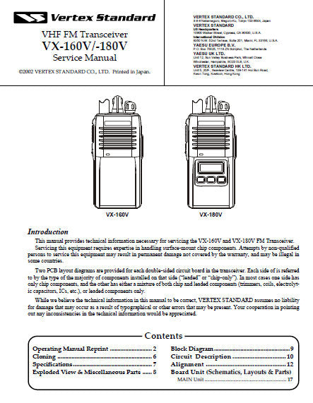 VERTEX STANDARD VX-160V VX-180V VHF FM TRANSCEIVER SERVICE MANUAL INC BLK DIAG PCBS SCHEM DIAGS AND PARTS LIST 36 PAGES IN ENGLISH