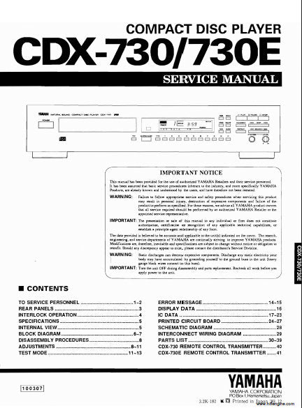 YAMAHA CDX-730 CDX-730E CD PLAYER SERVICE MANUAL INC BLK DIAG PCBS SCHEM DIAG AND PARTS LIST 40 PAGES ENG