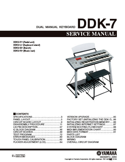 YAMAHA DDK-7 DUAL MANUAL KEYBOARD SERVICE MANUAL INC BLK DIAG PCBS SCHEM DIAGS AND PARTS LIST 178 PAGES ENG