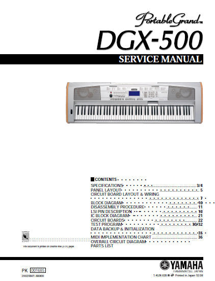 YAMAHA DGX-500 PORTABLE GRAND PIANO SERVICE MANUAL INC BLK DIAG PCBS SCHEM DIAGS AND PARTS LIST 56 PAGES ENG