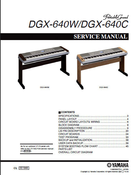 YAMAHA DGX-640W DGX-640C PORTABLE GRAND PIANO SERVICE MANUAL INC BLK DIAG PCBS SCHEM DIAGS AND PARTS LIST 67 PAGES ENG