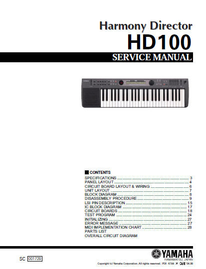YAMAHA HD100 HARMONY DIRECTOR KEYBOARD SERVICE MANUAL INC BLK DIAG PCBS SCHEM DIAGS AND PARTS LIST 41 PAGES ENG