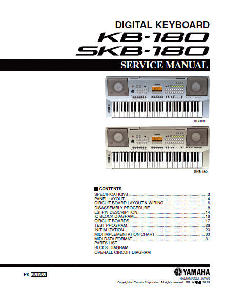 YAMAHA KB-180 SKB-180 DIGITAL KEYBOARD SERVICE MANUAL INC BLK DIAG PCBS SCHEM DIAG AND PARTS LIST 46 PAGES ENG