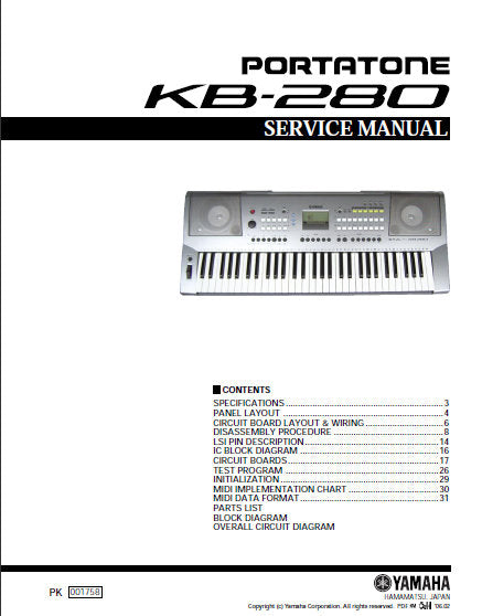 YAMAHA KB-280 PORTATONE KEYBOARD SERVICE MANUAL INC BLK DIAG PCBS SCHEM DIAG AND PARTS LIST 47 PAGES ENG