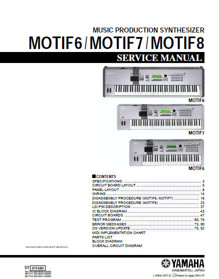 YAMAHA MOTIF6 MOTIF7 MOTIF8 MUSIC PRODUCTION SYNTHESIZER SERVICE MANUAL INC BLK DIAG PCBS SCHEM DIAGS AND PARTS LIST 147 PAGES ENG