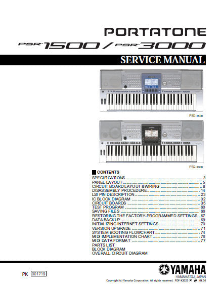 YAMAHA PSR-1500 PSR-3000 PORTATONE KEYBOARD SERVICE MANUAL INC BLK DIAG PCBS SCHEM DIAGS AND PARTS LIST 162 PAGES ENG