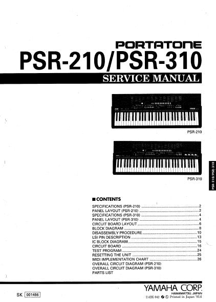 YAMAHA PSR-210 PSR-310 PORTATONE KEYBOARD SERVICE MANUAL INC BLK DIAGS PCBS SCHEM DIAGS AND PARTS LIST 30 PAGES ENG