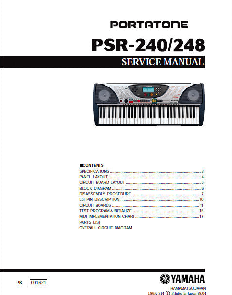 YAMAHA PSR-240 PSR-248 PORTATONE KEYBOARD SERVICE MANUAL INC BLK DIAG PCBS SCHEM DIAGS AND PARTS LIST 17 PAGES ENG