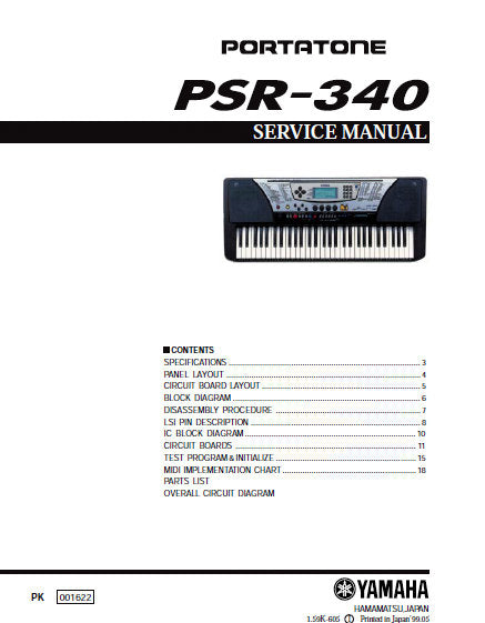 YAMAHA PSR-340 PORTATONE KEYBOARD SERVICE MANUAL INC BLK DIAG PCBS SCHEM DIAG AND PARTS LIST 32 PAGES ENG