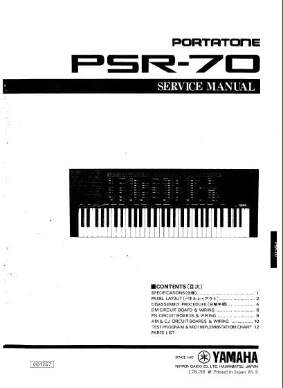 YAMAHA PSR-70 PORTATONE KEYBOARD SERVICE MANUAL INC BLK DIAG PCBS SCHEM DIAG AND PARTS LIST 17 PAGES ENG
