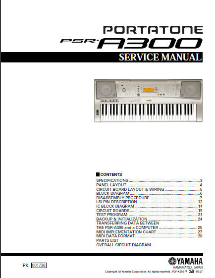 YAMAHA PSR-A300 PORTASOUND KEYBOARD SERVICE MANUAL INC BLK DIAG PCBS SCHEM DIAGS AND PARTS LIST 40 PAGES ENG