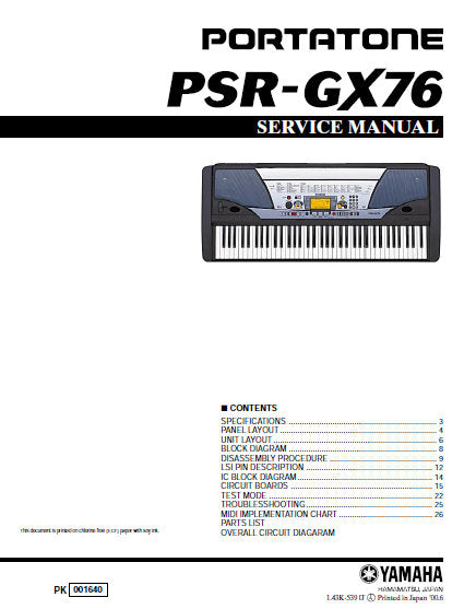 YAMAHA PSR-GX76 PORTATONE KEYBOARD SERVICE MANUAL INC BLK DIAG PCBS SCHEM DIAG AND PARTS LIST 39 PAGES ENG