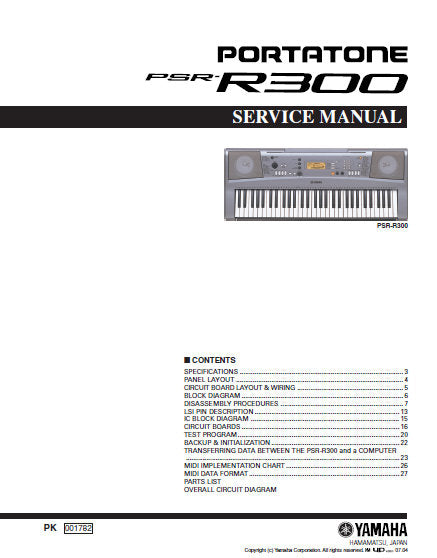 YAMAHA PSR-R300 PORTASOUND KEYBOARD SERVICE MANUAL INC BLK DIAG PCBS SCHEM DIAG AND PARTS LIST 38 PAGES ENG