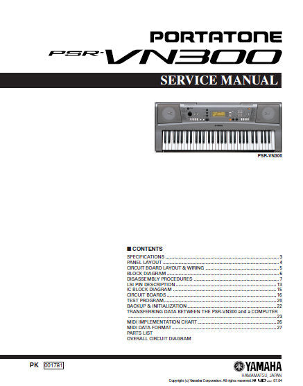 YAMAHA PSR-VN300 PORTATONE KEYBOARD SERVICE MANUAL INC BLK DIAG PCBS SCHEM DIAG AND PARTS LIST 38 PAGES ENG