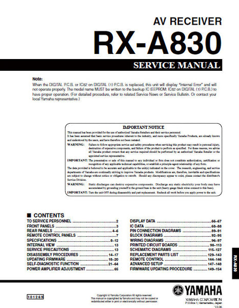 YAMAHA RX-A830 AV RECEIVER SERVICE MANUAL INC BLK DIAGS PCBS SCHEM DIA –  THE MANUALS SERVICE