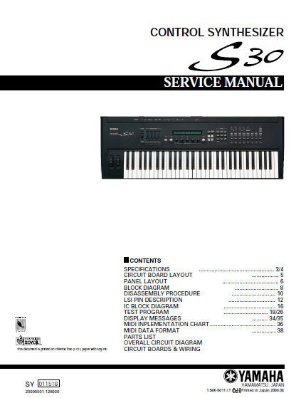 YAMAHA S30 CONTROL SYNTHESIZER SERVICE MANUAL INC BLK DIAG PCBS SCHEM DIAGS AND PARTS LIST 57 PAGES ENG