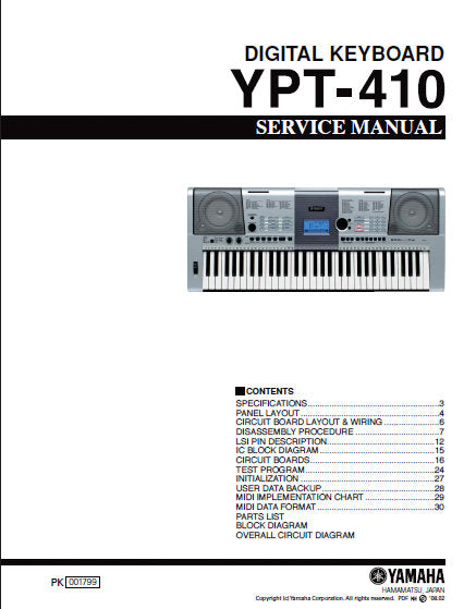 YAMAHA YPT-410 DIGITAL KEYBOARD SERVICE MANUAL INC BLK DIAG PCBS SCHEM DIAGS AND PARTS LIST 46 PAGES ENG