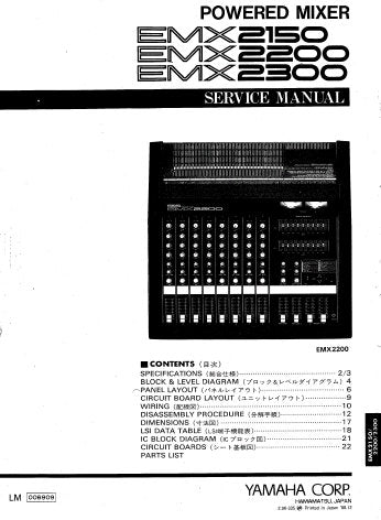 YAMAHA EMX2150 EMX2200 EMX2300 POWERED MIXER SERVICE MANUAL INC BLK AND LEVEL DIAGS WIRING DIAG PCBS OVERALL CIRC DIAG AND PARTS LIST 39 PAGES ENG JAP
