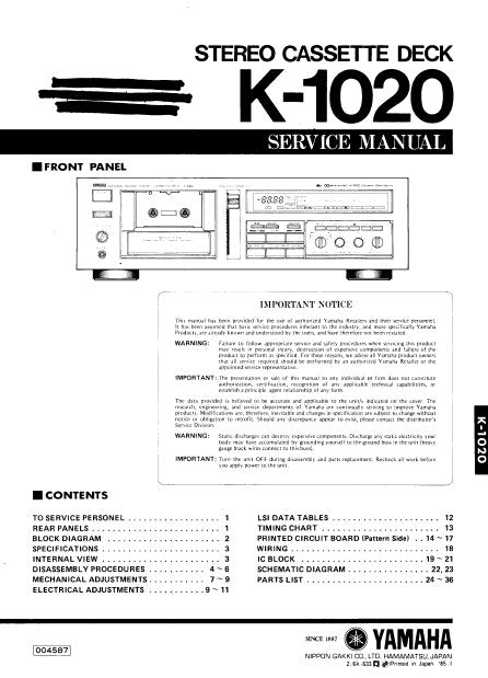 YAMAHA K-1020 STEREO CASSETTE DECK SERVICE MANUAL INC BLK DIAG PCBS SCHEM DIAGS AND PARTS LIST 52 PAGES ENG