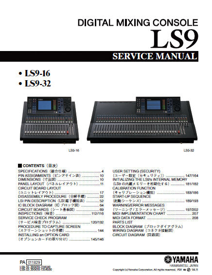 YAMAHA LS9 LS9-16 LS9-32 DIGITAL MIXING CONSOLE SERVICE MANUAL INC BLK DIAGS PCBS SCHEM DIAGS AND PARTS LIST 358 PAGES ENG