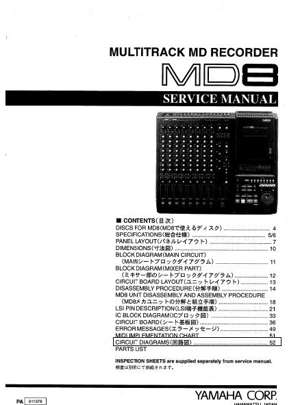 YAMAHA MD8 MULTITRACK MD RECORDER SERVICE MANUAL INC BLK DIAGS PCBS SCHEM DIAGS AND PARTS LIST 163 PAGES ENG