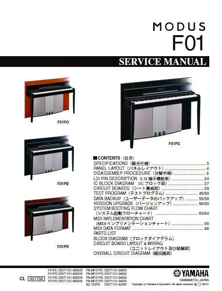 YAMAHA MODUS F01 SERIES F01PE F01PO F01PB F01PR KEYBOARD SERVICE MANUAL INC BLK DIAG PCBS SCHEM DIAGS AND PARTS LIST 128 PAGES ENG JAP