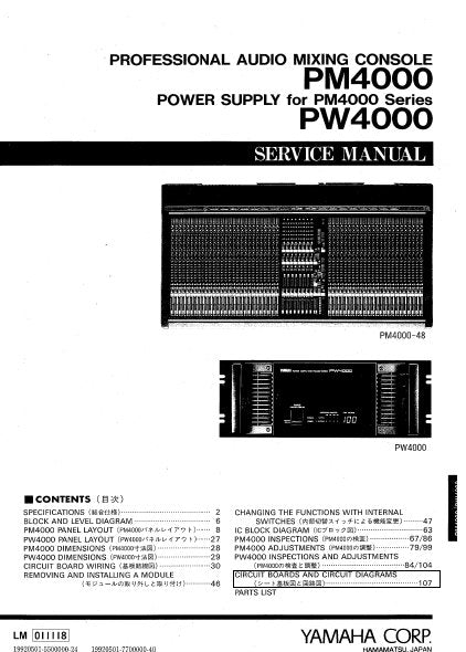 YAMAHA PM4000 PROFESSIONAL AUDIO MIXING CONSOLE SERVICE MANUAL INC BLK DIAG PCBS SCHEM DIAGS AND PARTS LIST 186 PAGES ENG JAP
