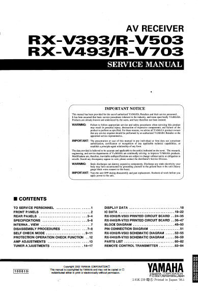 YAMAHA R-V503 R-V703 RX-V393 RX-V493 AV RECEIVER SERVICE MANUAL INC BLK DIAGS PCBS SCHEM DIAGS AND PARTS LIST 70 PAGES ENG