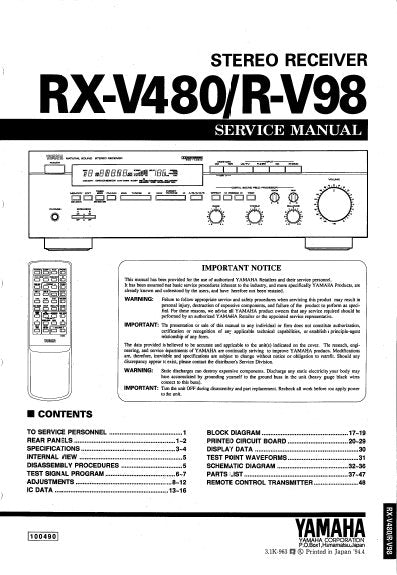 YAMAHA R-V98 RX-V480 STEREO RECEIVER SERVICE MANUAL INC BLK DIAG PCBS SCHEM DIAGS AND PARTS LIST 43 PAGES ENG
