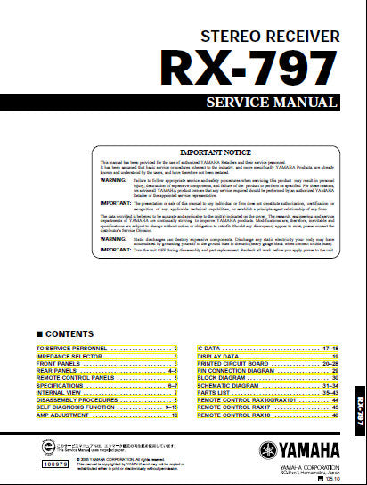 YAMAHA RX-797 STEREO RECEIVER SERVICE MANUAL INC BLK DIAG PCBS SCHEM DIAGS AND PARTS LIST 46 PAGES ENG