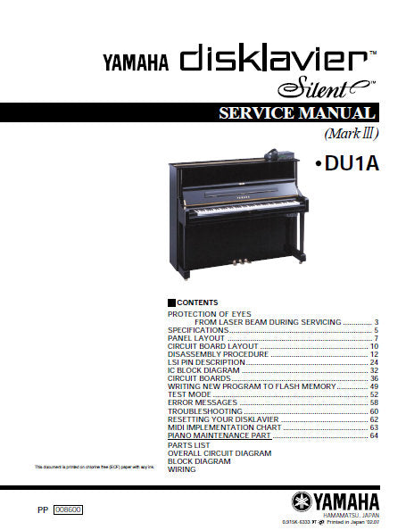 YAMAHA SILENT SE SERIES SILENT e DU1A DISKLAVAIA SILENT PIANO SERVICE MANUAL INC BLK DIAG PCBS SCHEM DIAGS AND PARTS LIST 151 PAGES ENG