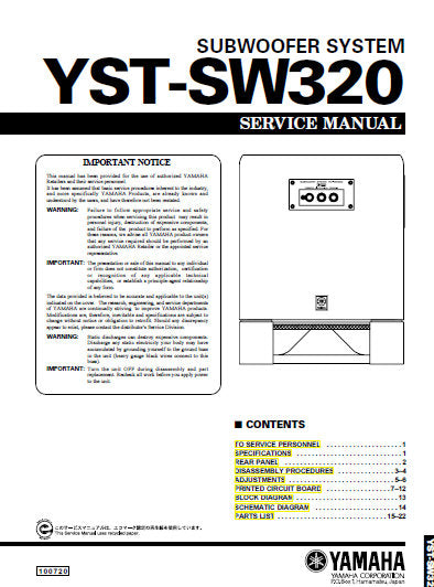 YAMAHA YST-SW320 SUBWOOFER SYSTEM SERVICE MANUAL INC BLK DIAG PCBS
