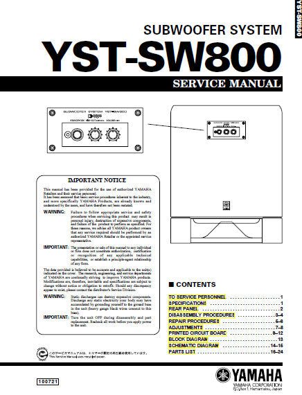YAMAHA YST-SW800 SUBWOOFER SYSTEM SERVICE MANUAL INC BLK DIAG PCBS 